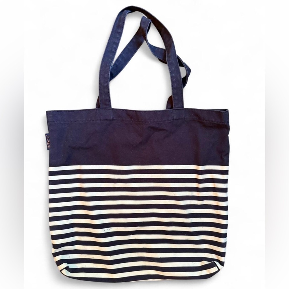 J CREW navy and white striped cotton canvas tote bag.  Good condition